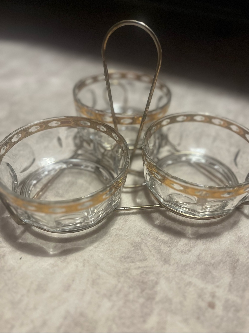 Vintage Arcoroc France Glass Condiment Set 22kt Gold Gilt w/Brass Caddy 1960 MCM